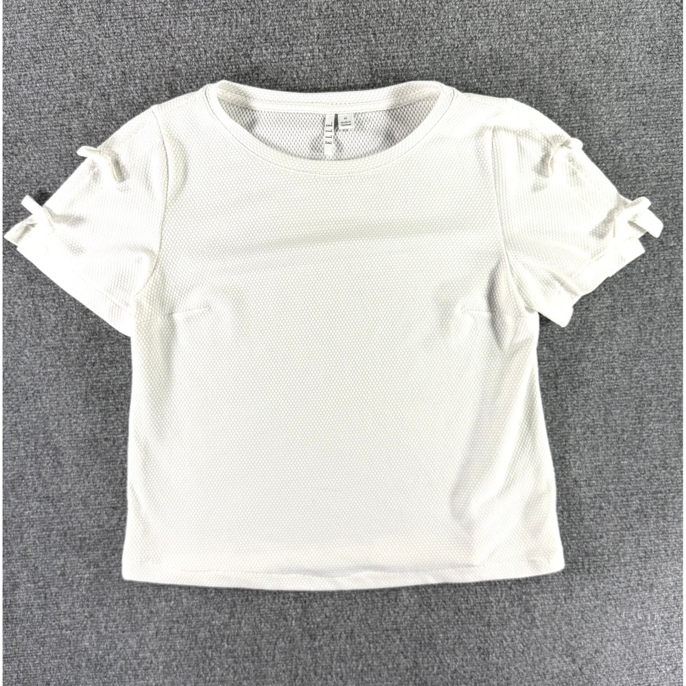 Elle Womens White Textured Honeycomb Knit Short Sleeve Bow Detail Top Size M